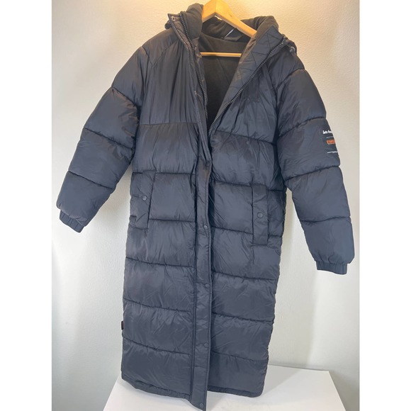 iets frans... Urban Outfitters Long Hooded Puffer Jacket Black Size Small - Picture 5 of 6